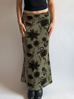 Mid Rise Floral Midi A-Line Skirt