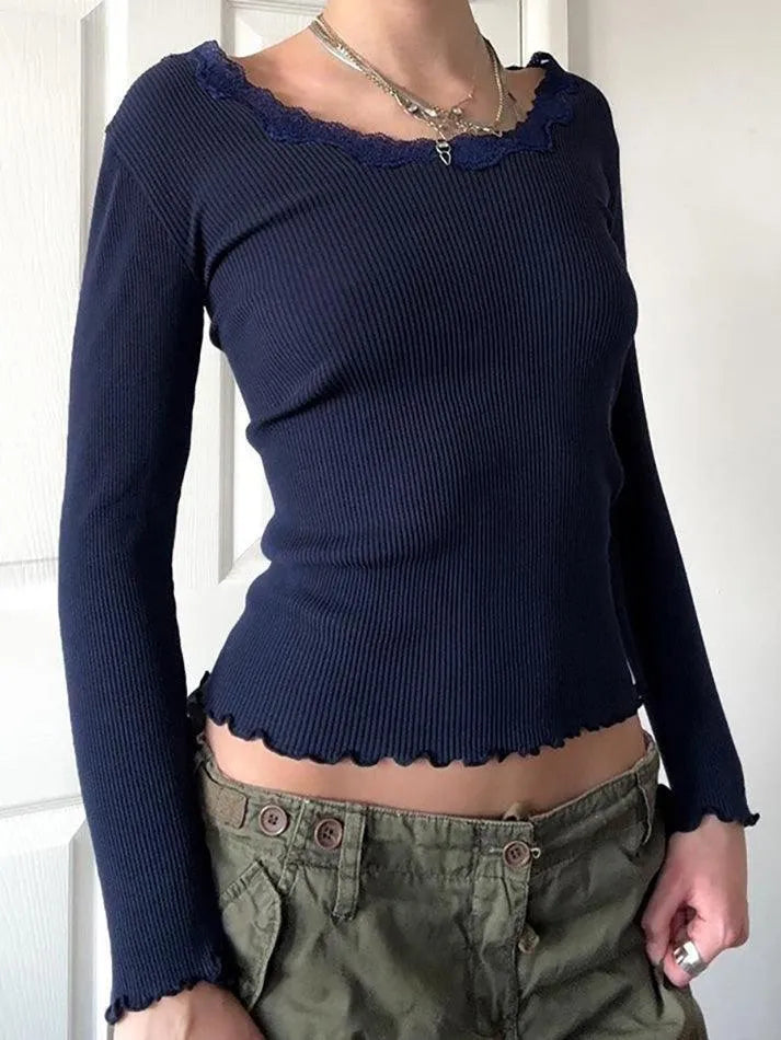 Vintage Lace Ruffle Trim Crew Neck Crop Top