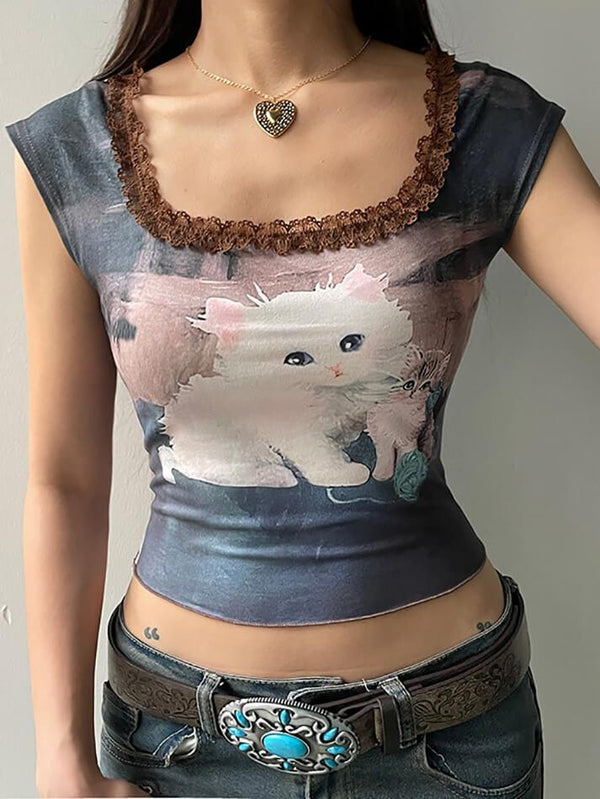 Cat Printed Lace Patchwork Top - AnotherChill