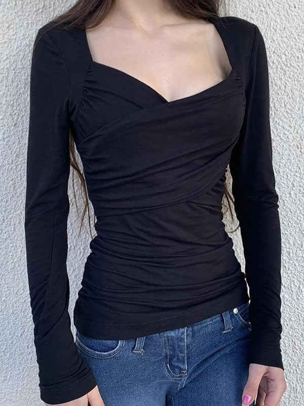 Cross V-Neck Ruched Long Sleeve Top