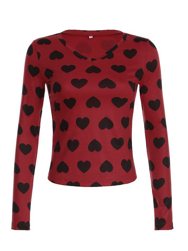 V-Neck Love Print Slim Long Sleeve Top