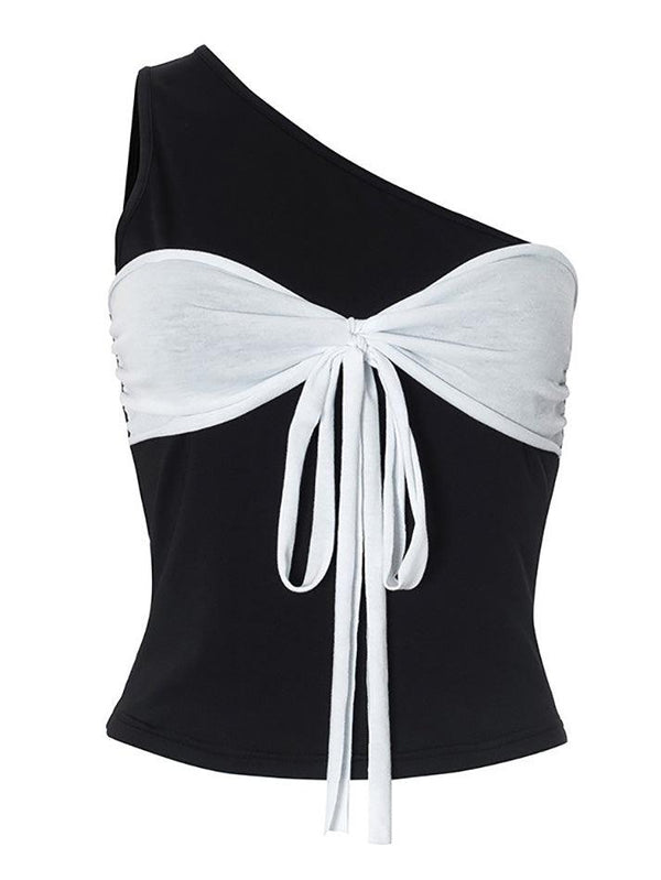 Contrast Asymmetrical Neck Bow Tie Tank Top