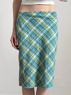 Vintage Lace Trim Contrast Plaid Midi Skirt