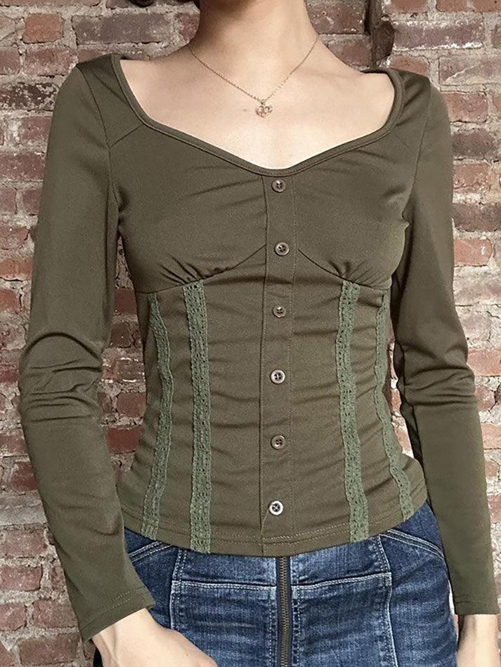 Vintage Lace Trim Button-Up Long Sleeve Top