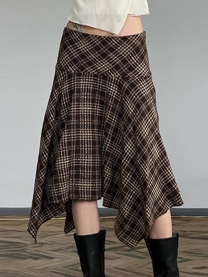 Vintage Plaid Contrast High-Waisted Asymmetrical Skirt