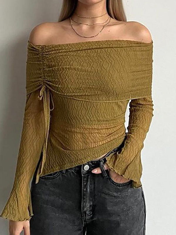 Texture Off Shoulder Asymmetrical Tie Mesh Top - AnotherChill