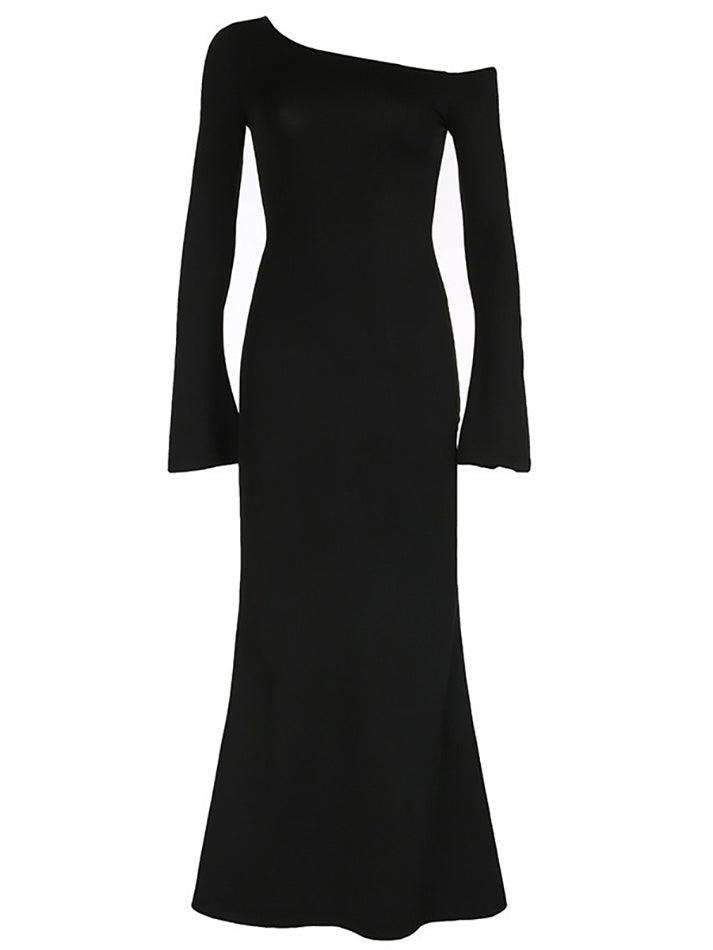 Asymmetrical Neck Solid Color Bell Sleeve Maxi Dress