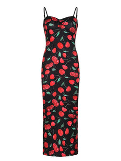 Red Cherry Print Stretch Calf-length Corset Dress - AnotherChill