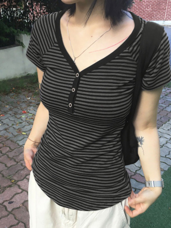 Vintage Striped Contrast V-Neck Button-Up Tee