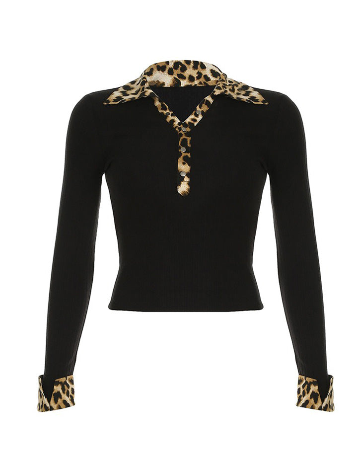 Leopard Print Contrast Patchwork Knit Top