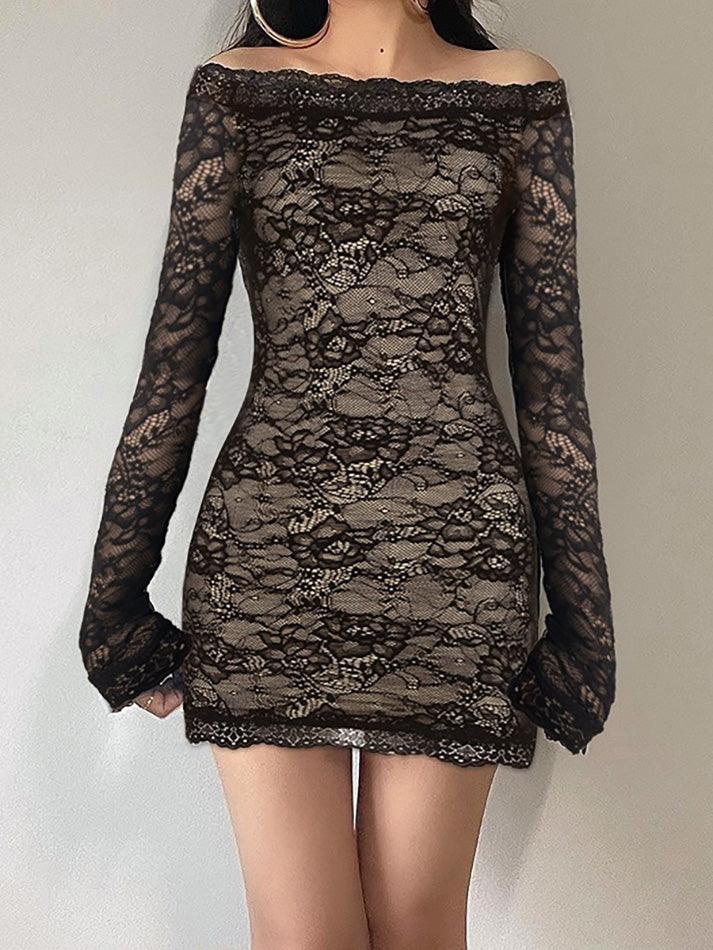 Off-Shoulder Lace Hollow-Out Mesh Mini Dress