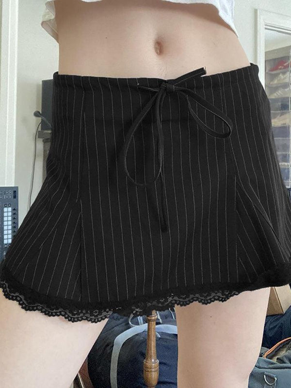 Low Waist Tie-Front Striped Lace-Trim Mini Skirt - AnotherChill