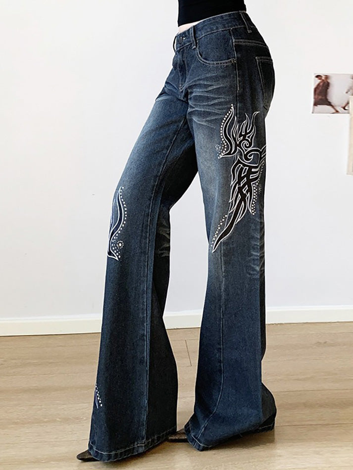 Embroidered Rhinestone Washed Low-Rise Flared Jeans