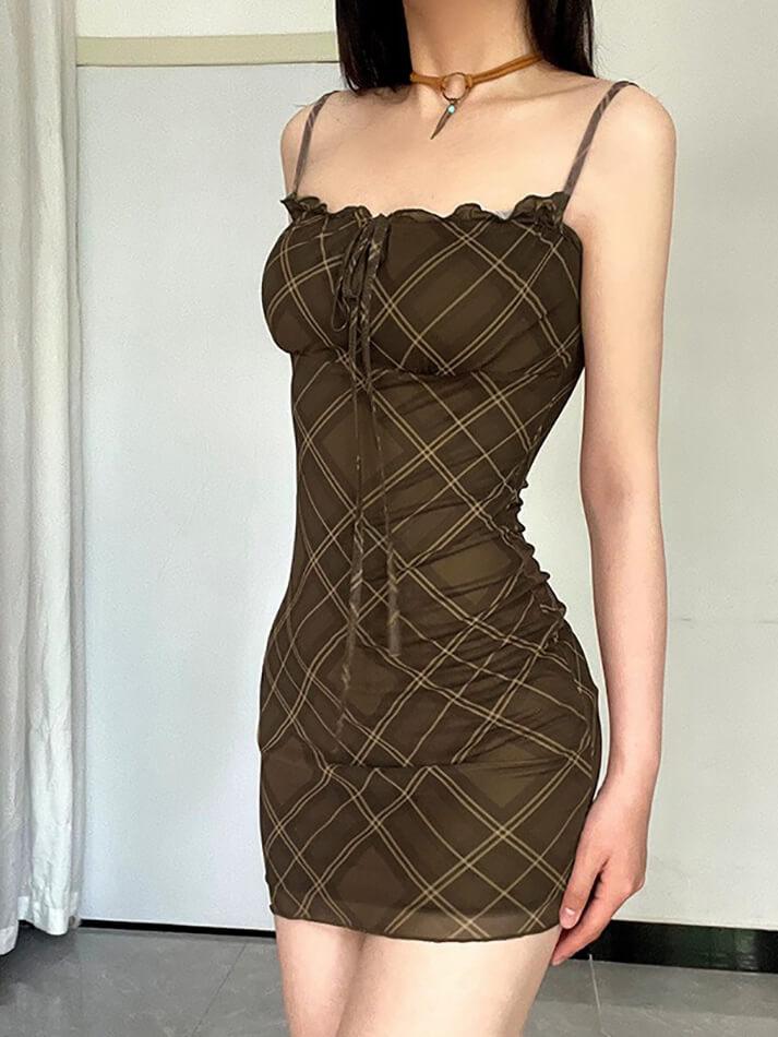 Vintage Plaid Drawstring Tie Mesh Halter Dress - AnotherChill