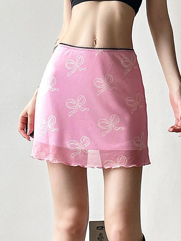 Bow Printed Mesh Low Waisted Skirt - AnotherChill