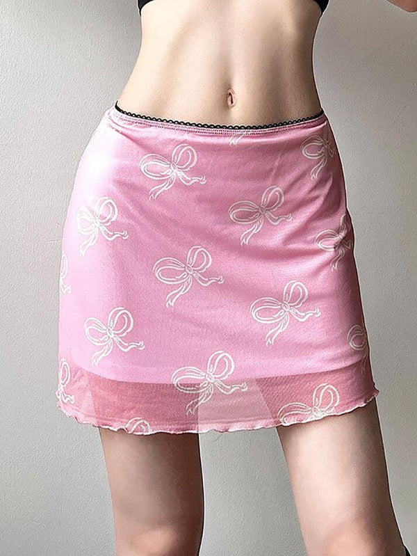 Bow Printed Mesh Low Waisted Skirt - AnotherChill