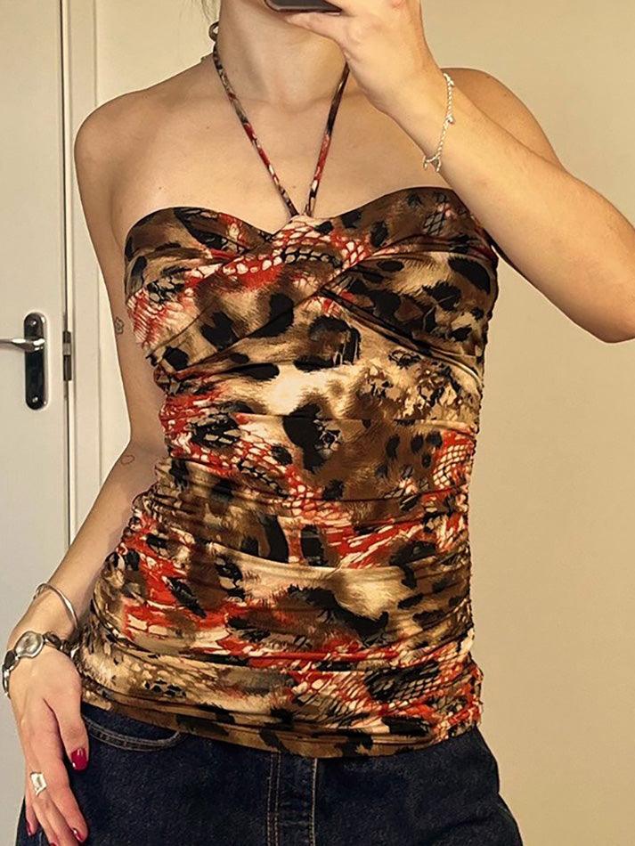 Vintage Print Sexy Backless Halter Tank Top