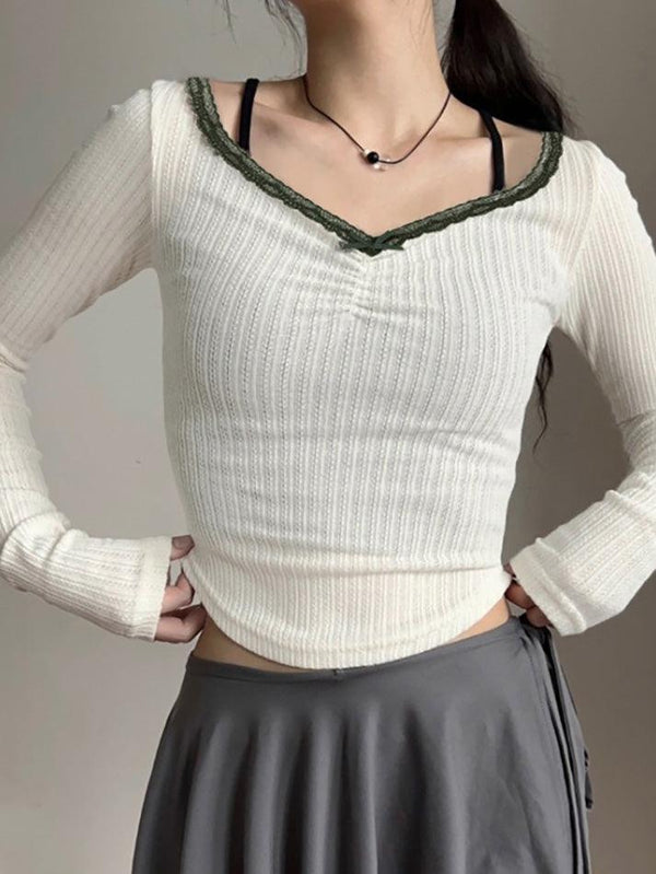 Lace Bow Contrast Ribbed Top