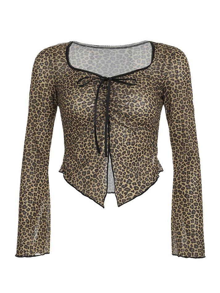 Lace Leopard Print Tie Long Sleeve Top