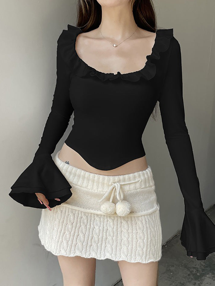 Ruffled Flared Long Sleeve Y2K Crop Top