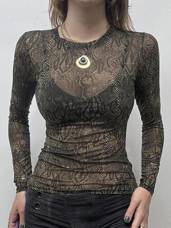 Sheer Snake Print Mesh Long Sleeve Top