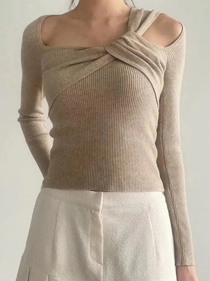 Asymmetrical Twist Off-Shoulder Knit Top - AnotherChill