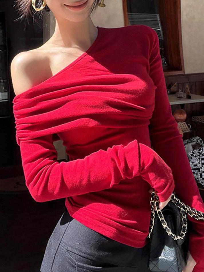 Solid Color Asymmetrical Ruched Long Sleeve Top