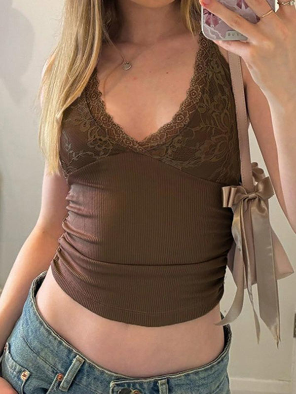 Vintage Lace Trim Deep V-Neck Cami Top