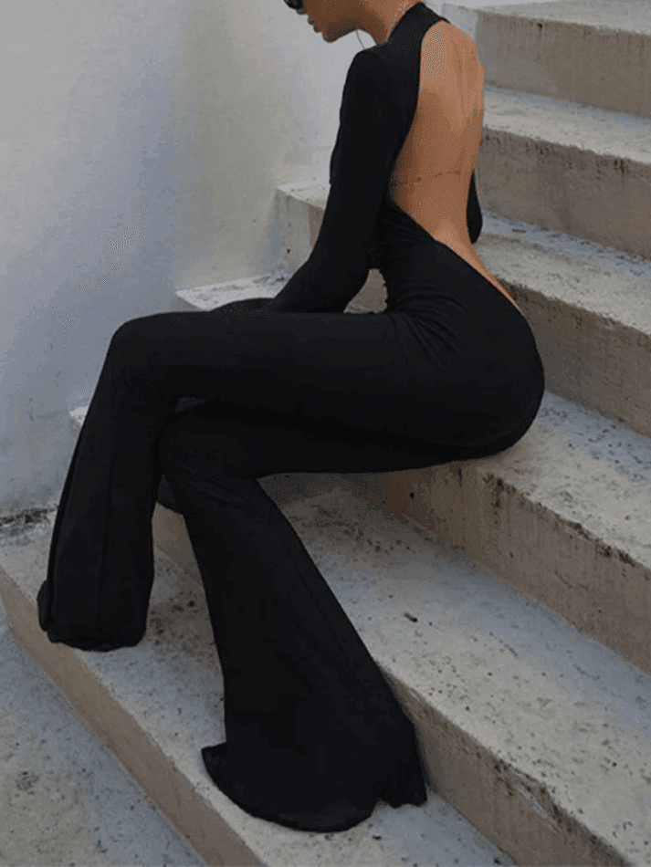 Backless Long Sleeve Flare Leg Jumpsuit - AnotherChill