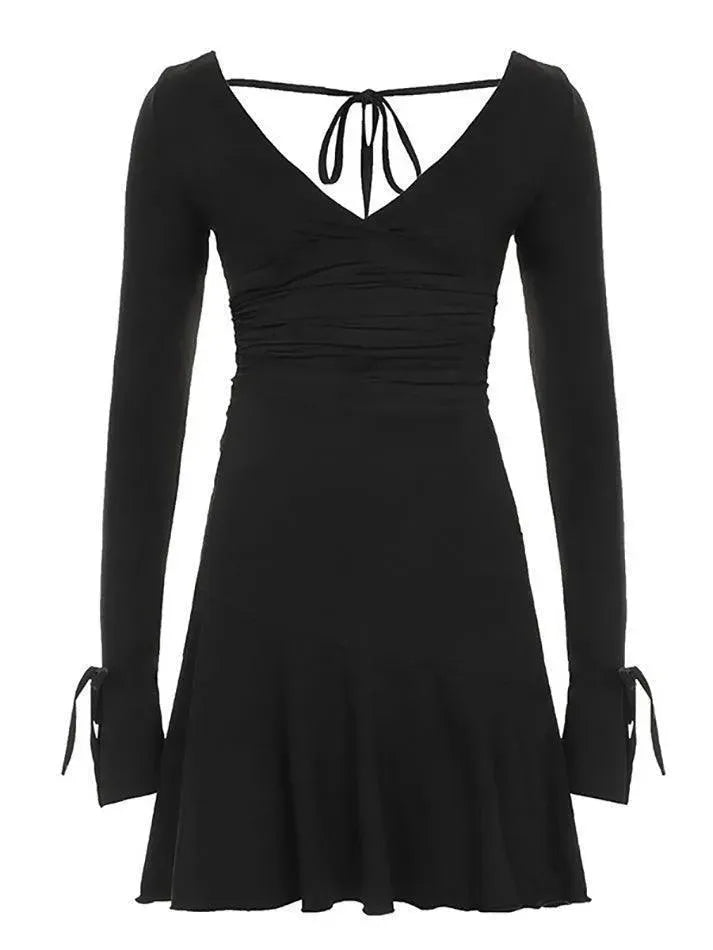 Backless Tie V-Neck Bow Split Long Sleeve Dress - AnotherChill