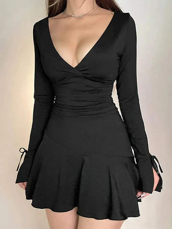 Backless Tie V-Neck Bow Split Long Sleeve Dress - AnotherChill