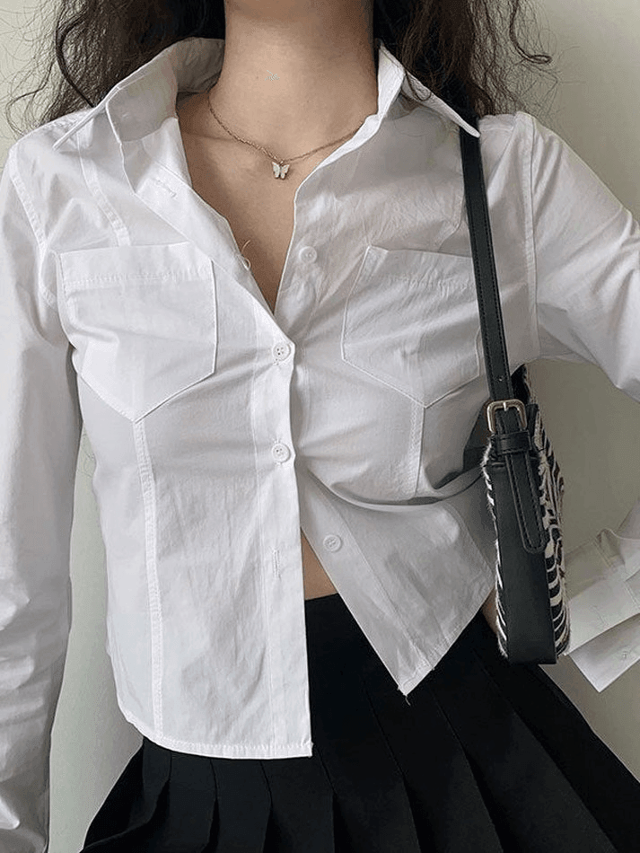 Basic Long Sleeve Button Blouse - AnotherChill