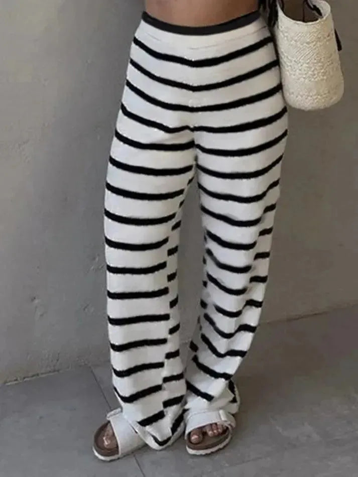 Basic Striped Knit Straight-Leg Pants - AnotherChill