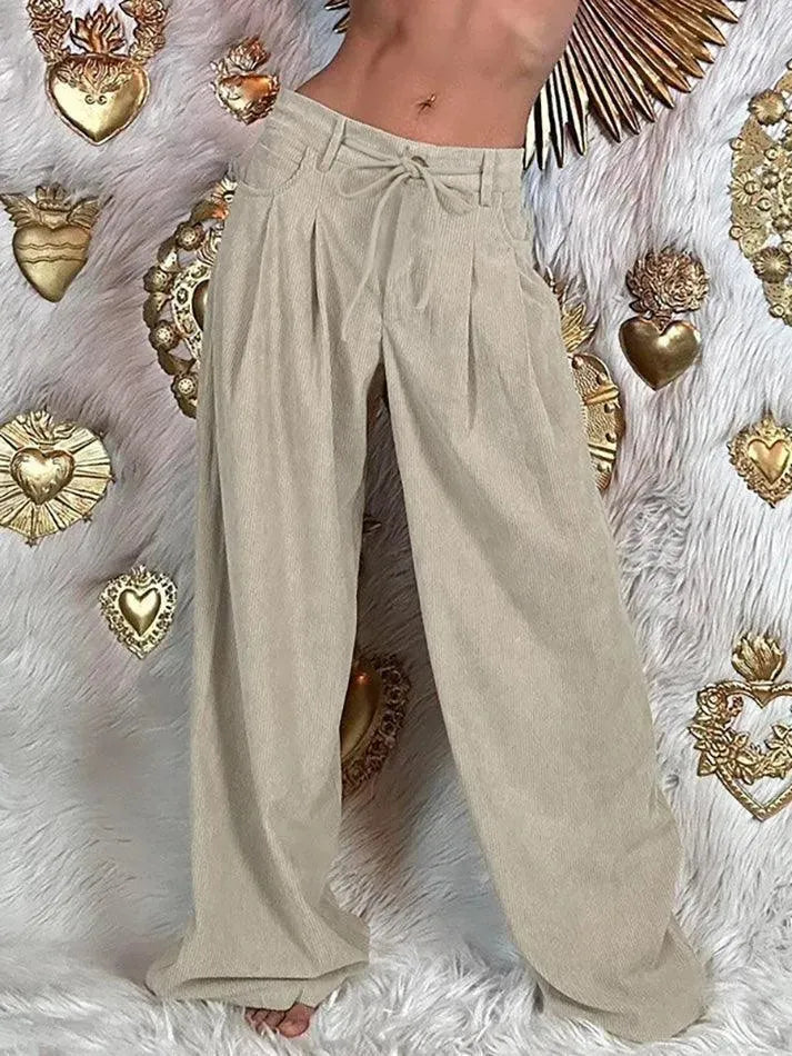 Basic Tie-Waist High-Rise Corduroy Pants - AnotherChill