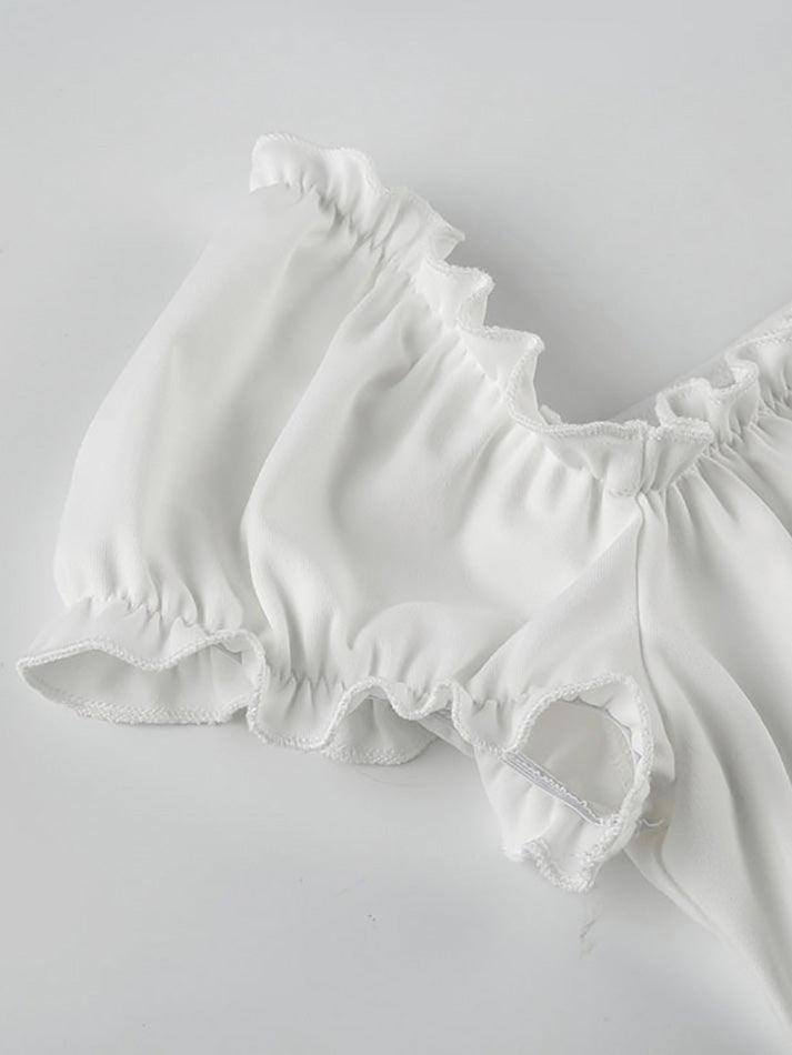 Ruffle Tie Solid White Bubble Sleeve Tee - AnotherChill