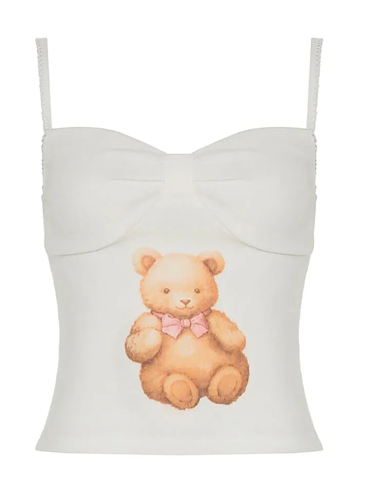 Bear Print Bow Knit Tank Top - AnotherChill