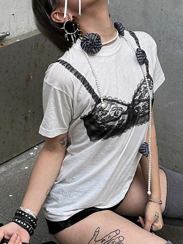 Contrast Lace Sheer Corset Printed Tee - AnotherChill