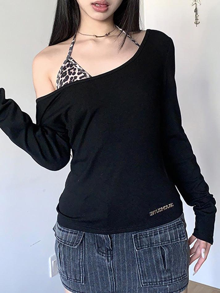 Leopard Print One Shoulder Long Sleeve Tee