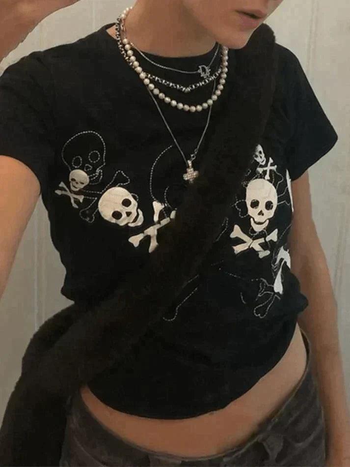 Black Short Sleeve Skull Crop Top - AnotherChill