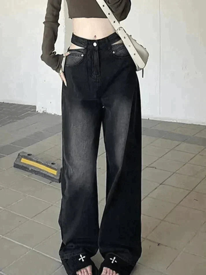 2023 Black Wash Cutout Boyfriend Jeans Black S in Jeans Online Store ...