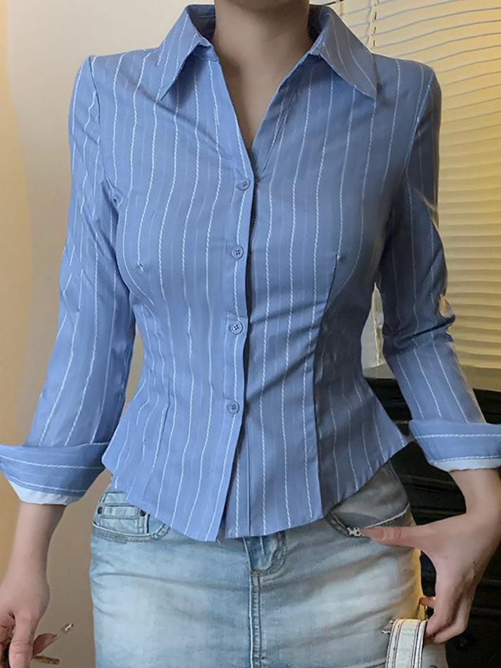 Blue Striped Collared Long Sleeve Shirt - AnotherChill