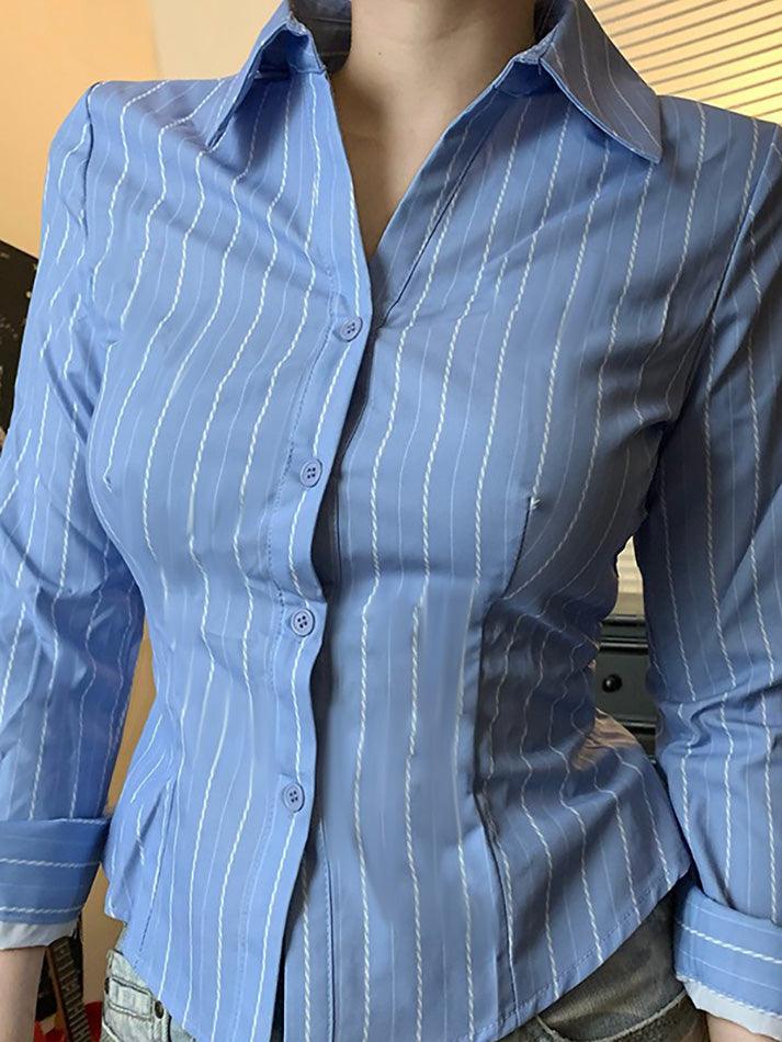 Blue Striped Collared Long Sleeve Shirt - AnotherChill