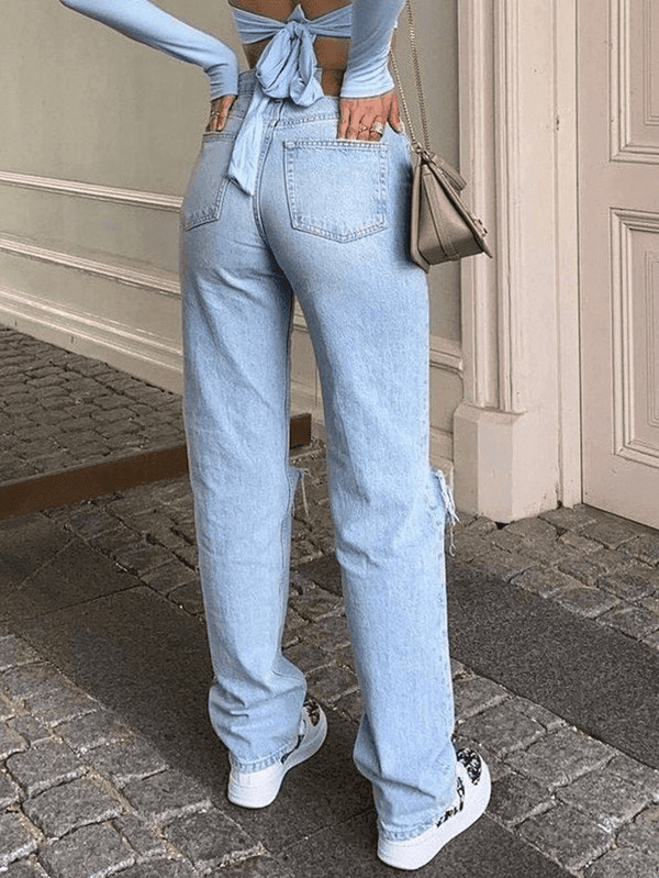 Blue Wash Straight Leg Knee Ripped Jeans - AnotherChill