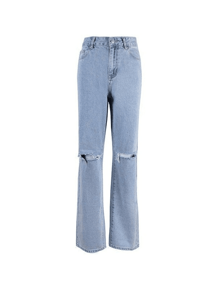 Blue Wash Straight Leg Knee Ripped Jeans - AnotherChill