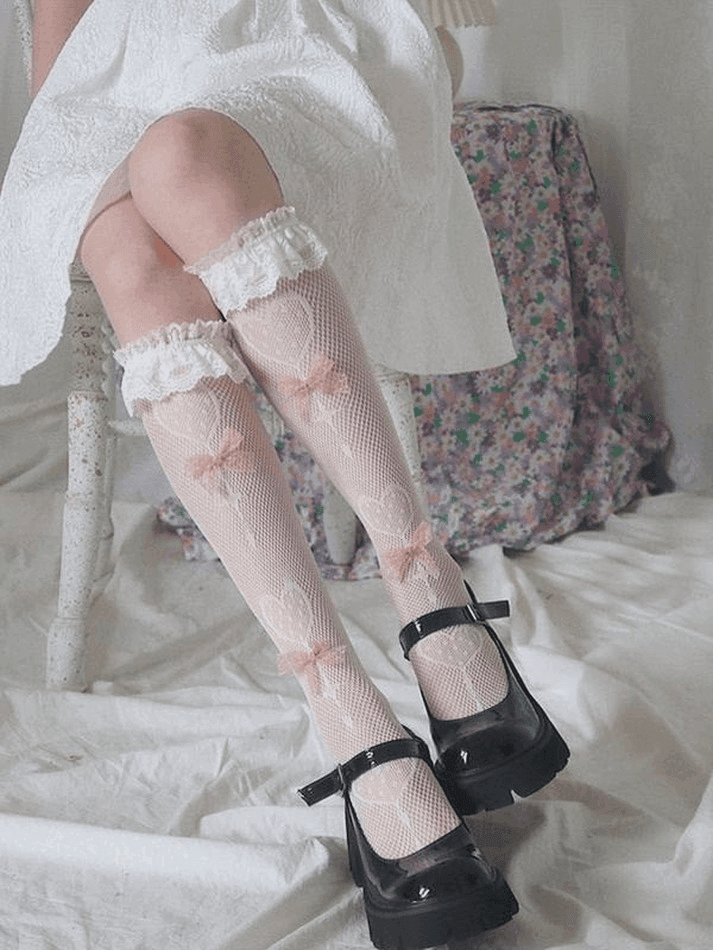 Bow Decor Lace Trim Fishnet Socks - AnotherChill