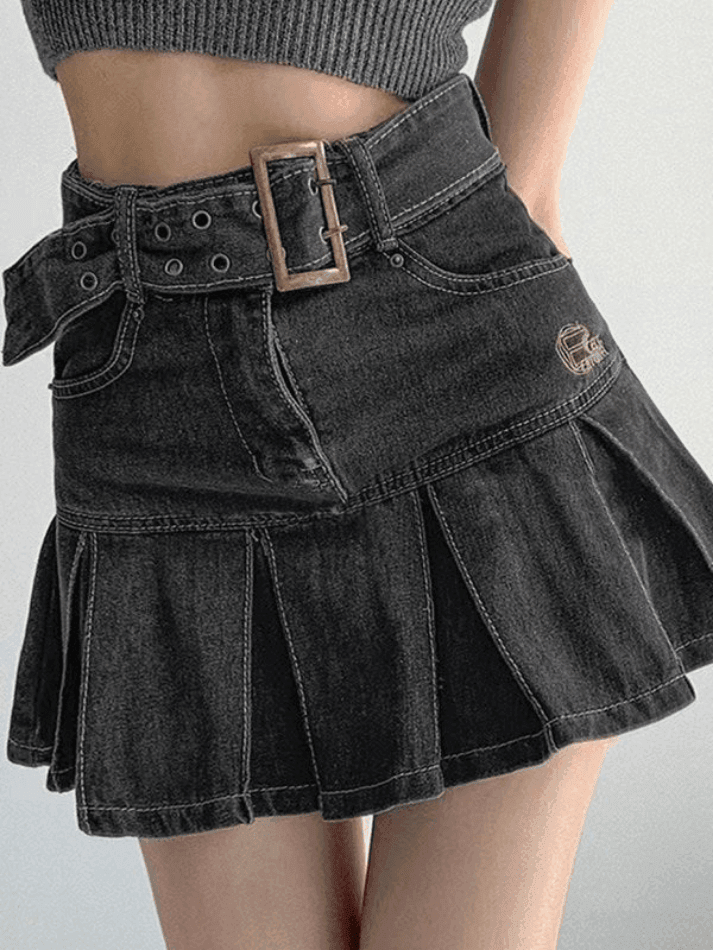 2024 Buckle Belt Pleated Denim Mini Skirt Black S in Skirts Online ...