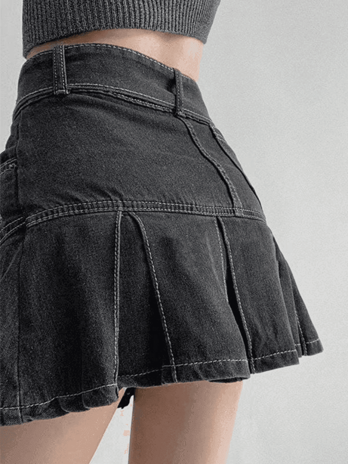 Lace Up Pleated Denim Mini Skirt, Small by Sorella Boutique