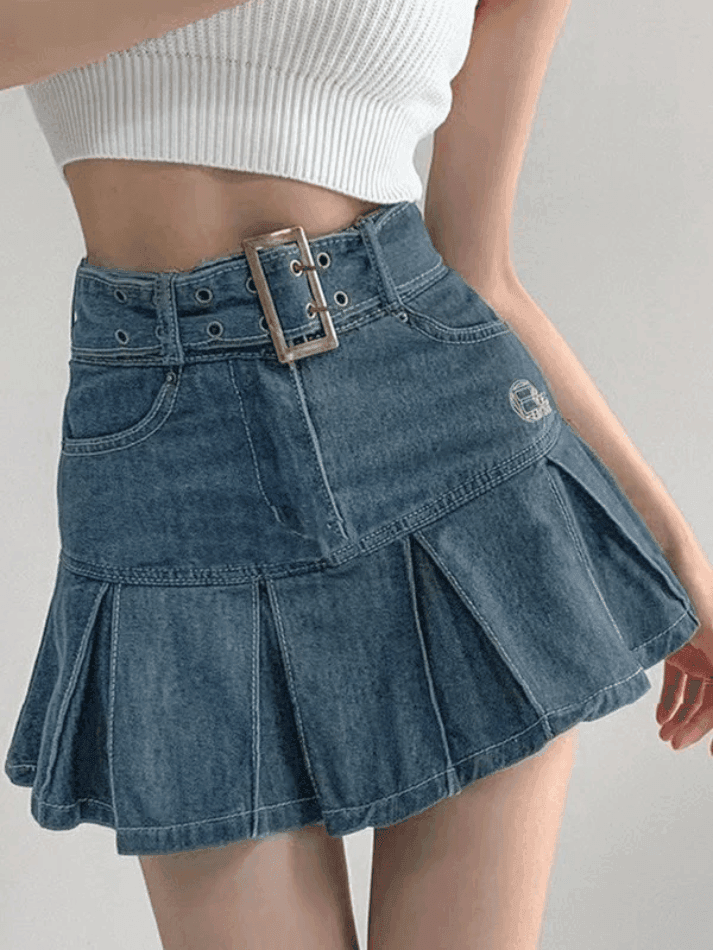 Lace Up Pleated Denim Mini Skirt, Small by Sorella Boutique