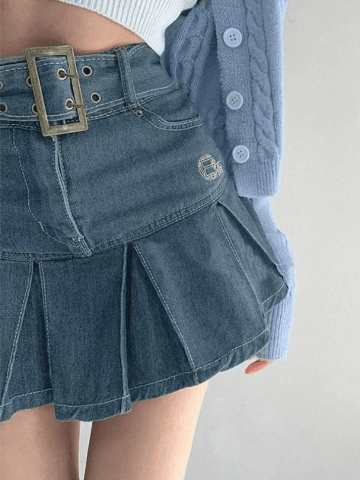 2024 Buckle Belt Pleated Denim Mini Skirt Black S in Skirts Online ...