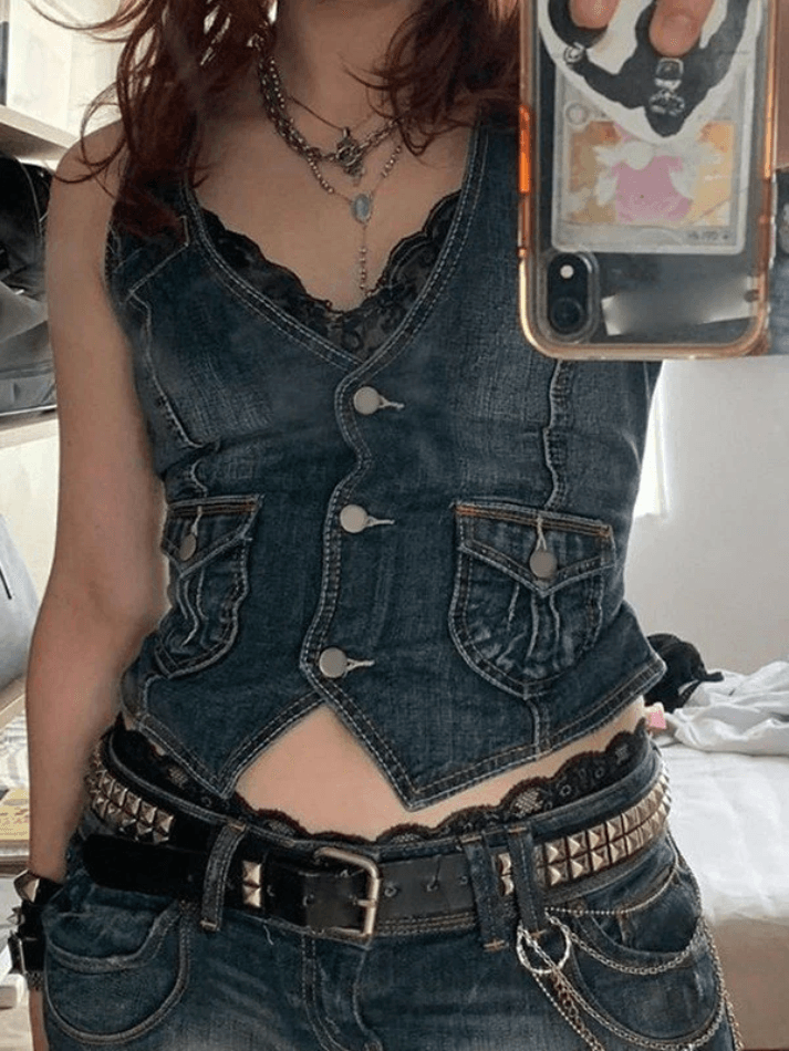 Button Front Denim Corset Top - AnotherChill